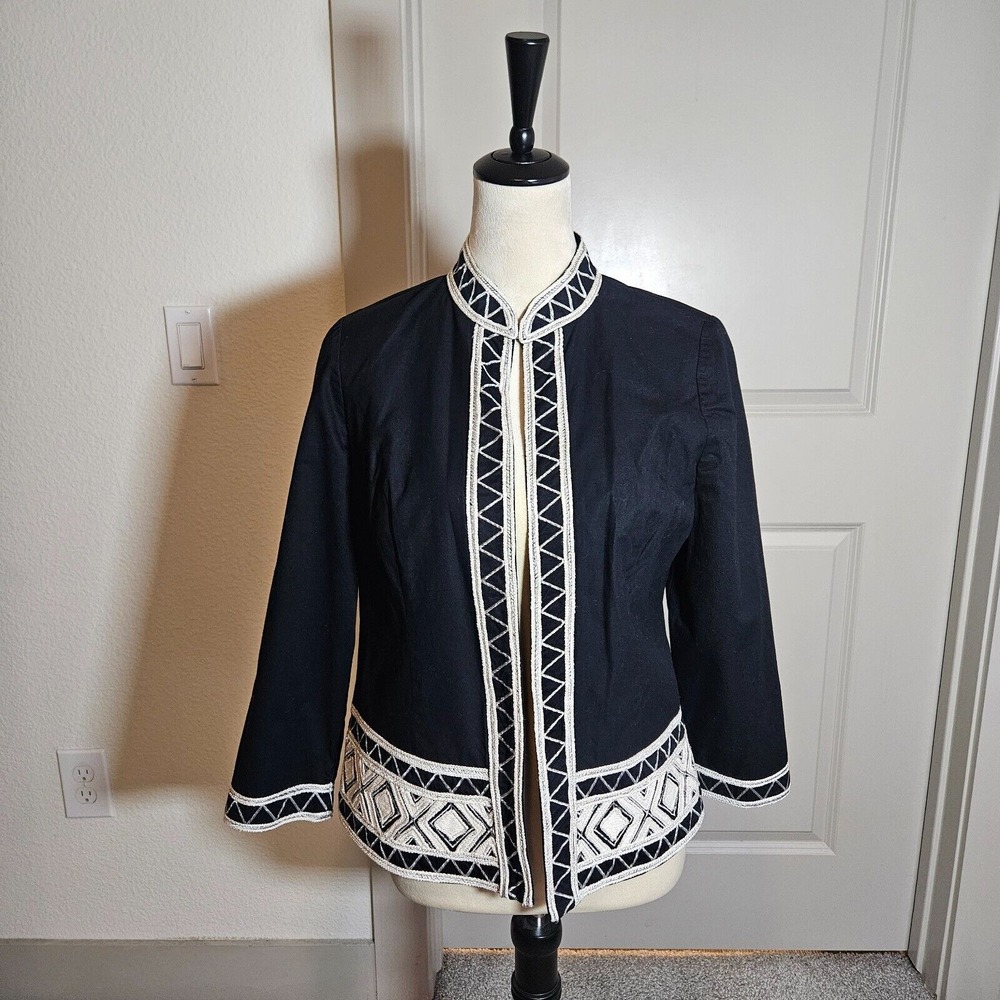 Chico's Open Front Blazer Women Size 0 Cotton Embroidered Trim Black